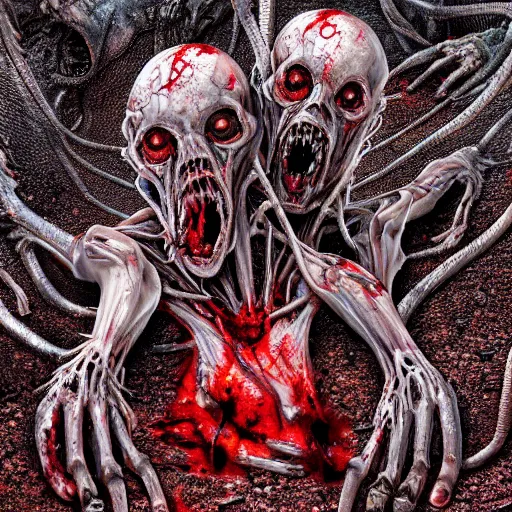 Image similar to conjoined demon twins emerging from pile of corpses in a desert hellscape covered in blood by Yoshitaka Amano, by HR Giger, biomechanical, 4k, hyper detailed, hyperrealism, anime, a Broken World demons flying overhead, red sky, blood and body parts, deviantart, artstation