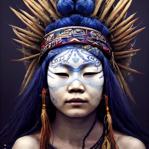 Prompt: A young blindfolded shaman japanese woman with a decorated headband performing a pagan ritual, in the style of heilung, blue hair dreadlocks and wood on her head, tribal piercing and tatoos , atmospheric lighting, intricate detail, cgsociety, ambient light, dynamic lighting, art by karol bak