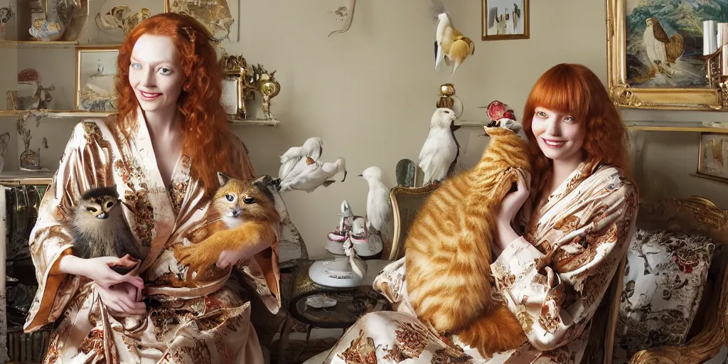 Image similar to a stunning hyper-detailed photorealistic painting of a slender beautiful smiling woman with long ginger hair and bangs, wearing a luxurious silk robe, wearing headphones and posing with her large ginger tabby cat and her raccoon and parrots in an overstuffed easy chair in her sunlit victorian living room, holding a porcelain parrot-shaped coffee mug and a donut, perfect eyes, fashion photography, cinematic lighting, octane render, IBEX Masters, unreal engine, 85 mm lens,