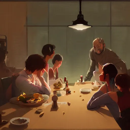 Image similar to a steaming pile of poop on a dinner table, family seated around the table with happy faces, trending on art station, realistic shaded lighting poster by ilya kuvshinov katsuhiro, magali villeneuve, artgerm, jeremy lipkin and michael garmash, rob rey and kentaro miura style