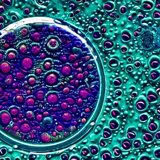 Image similar to a close up of a petri dish with a culture on it, a microscopic photo by kurt roesch, shutterstock contest winner, neoplasticism, creative commons attribution, macro photography, dye - transfer