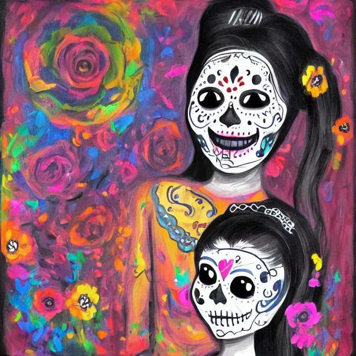 Prompt: a smiling girl with long black, her paint painted as dia de los muertos, by alozuniga. digital draw, digital art, trending on instagram, digital painting.