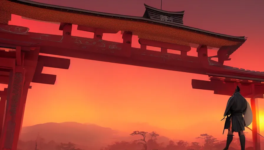 Image similar to An armed samurai standing under a torii gate, red sunrise , hyperdetailed, artstation, cgsociety, 8k