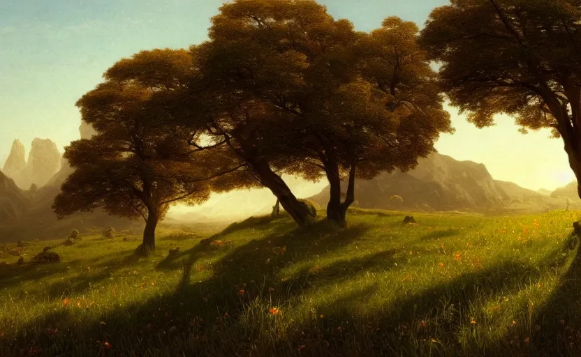Prompt: a beautiful grassy field, some trees, close up shot, rocky, at dusk, distant mountains, 4k, rule of thirds, extreme detail, hazy, intricate ink illustration, surreal, surrealist, trending on artstation, cgsociety, hd, calm, complimentary colours, realistic lighting, by Albert Bierstadt, Frederic Edwin Church.