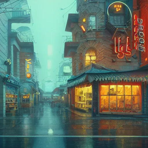 Image similar to movie scene of a store, lviv, a very misty day, a neon sign, by ian mcque ferdinand knab, makoto shinkai and lois van baarle, artgerm, pixar, ilya kuvshinov,, tom bagshaw, global illumination