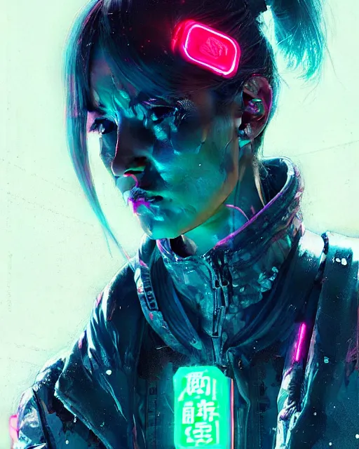 Prompt: detailed portrait neon operator lady, messy ponytail, cyberpunk futuristic, neon, reflective puffy coat, decorated with traditional japanese by ismail inceoglu dragan bibin hans thoma greg rutkowski alexandros pyromallis nekro rene margitte, illustrated, perfect face, fine details, realistic shaded, fine - face, pretty face