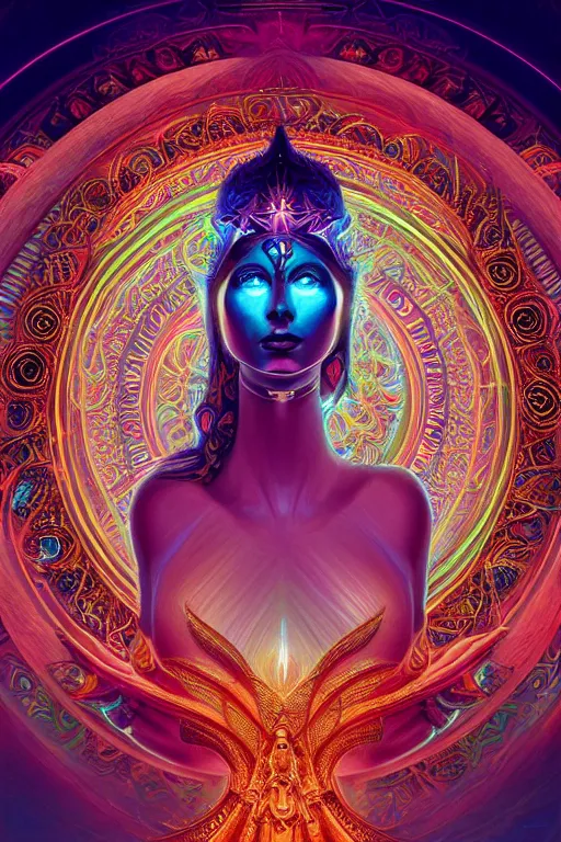 Image similar to a centered render of an alluring goddess wearing a psychedelic mask surrounded by a glorious sacred energy made from geometry and spiral mandel bulb fractals in a majestic temple, powerful, cinematic, beautifully lit, by artgerm, by karol bak, 3 d, trending on artstation, octane render, 8 k