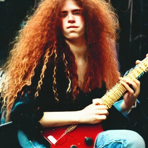 Image similar to 19-year-old woman holding electric guitar, long shaggy red hair, permed hair, stoner rock concert, grunge concert, 1993, VHS quality