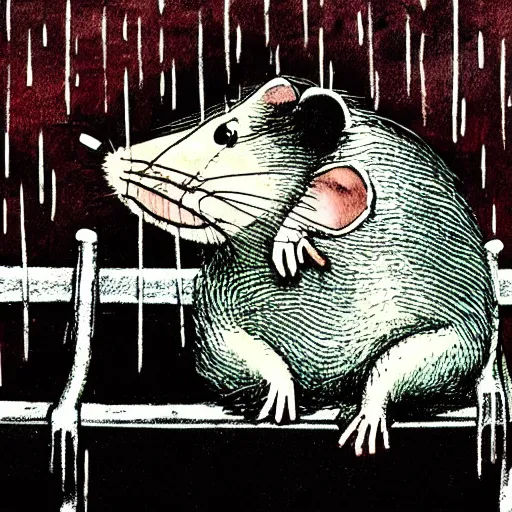 Image similar to sad anthropomorphic rat, by ralph steadman, sad, lonely, moody lighting, wearing a fur coat, in the rain, at night, sitting on a park bench