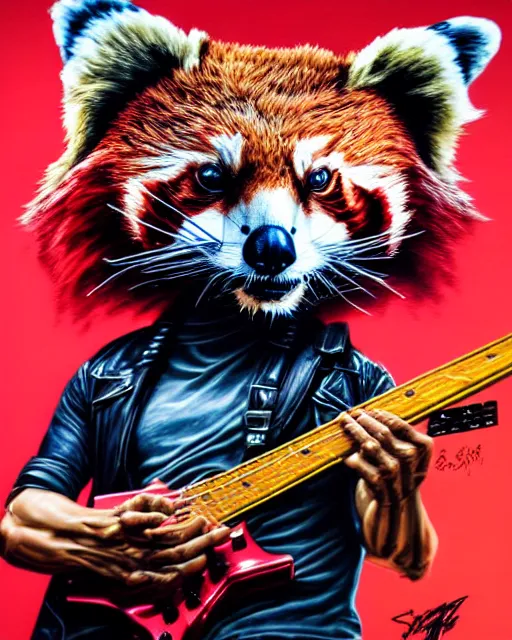 Image similar to a portrait of an anthropomorphic cyberpunk red panda shredding an electric guitar by sandra chevrier, by jon foster, detailed render, electric guitar, epic composition, cybernetics, 4 k realistic, cryengine, realistic shaded lighting, sharp focus, masterpiece, by enki bilal