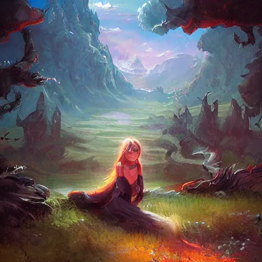 Image similar to fantasy book cover painting, a lively landscape in the country by Ross Tran