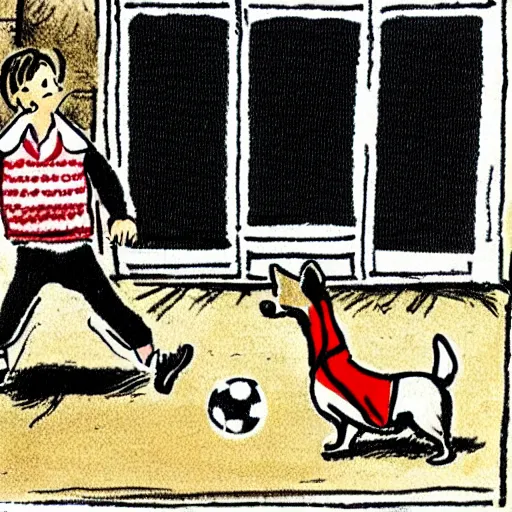 Image similar to illustration of french boy on the streets of paris playing football against a corgi, the dog is wearing a polka dot scarf, comic, 1 9 7 2