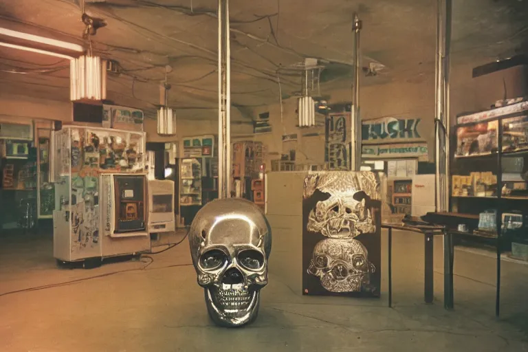 Image similar to large metallic skull attached to a tower of thick coiled power cable, stoic and calm, inside of an unlit 1970s convenience store, ektachrome photograph, volumetric lighting, f8 aperture, cinematic Eastman 5384 film