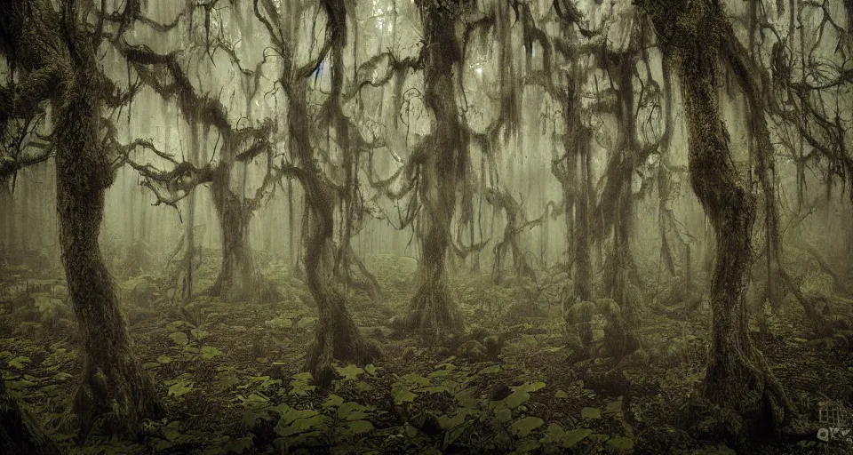 Prompt: A dense and dark enchanted forest with a swamp, by Steve Argyle