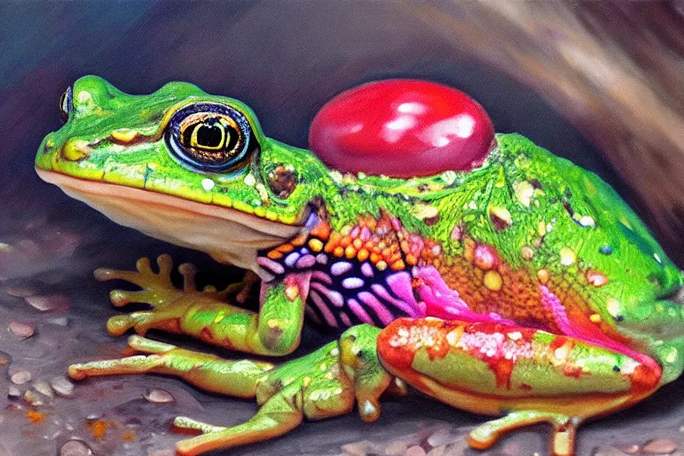 Prompt: highly detailed oil painting of a lizard frog ( ( mushroom ) ) in a steaming colorful hotspring, featured on artstation