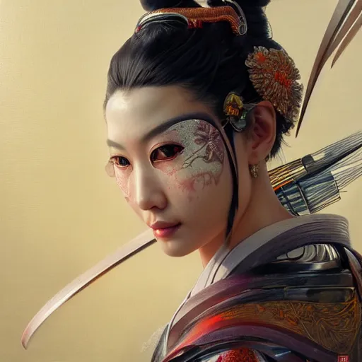 Image similar to portrait painting of an asian cyborg geisha, ultra realistic, concept art, intricate details, eerie, highly detailed, photorealistic, octane render, 8 k, unreal engine. art by artgerm and greg rutkowski and alphonse mucha