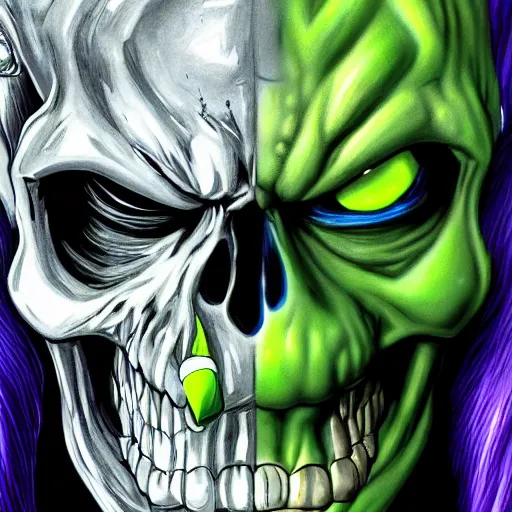 Prompt: ultra realistic portrait painting of skeletor as hulk, art by akira toriyama, 4 k, dragon ball artstyle, cel shaded, highly detailed, epic lighting