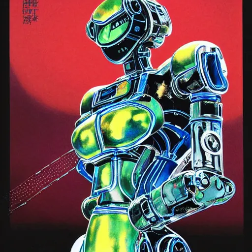 Image similar to portrait of the full - metal mecha nature - loving robot orion in electrical wired neon iridescent outfit, the robot holds the source code of the world, hanafuda cover illustration for vogue by yoji shinkawa, esao andrews and yoshitaka amano