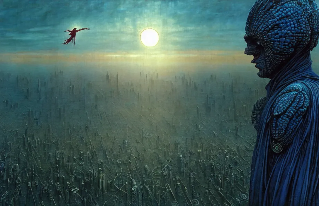 Image similar to realistic detailed portrait movie shot of a birdman wearing dark ragged robes, futuristic city sunset landscape background by denis villeneuve, amano, yves tanguy, alphonse mucha, ernst haeckel, max ernst, roger dean, ridley scott, dramatic dynamic composition, rich moody colours, blue eyes