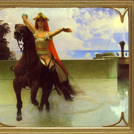 Image similar to Girl riding a horse leaving the palace through the bridge, thunderstorm, pool, beach and palm trees on the background major arcana sky, by paul delaroche, alphonse mucha and arnold böcklin arnold böcklin hyperrealistic 8k, very detailed