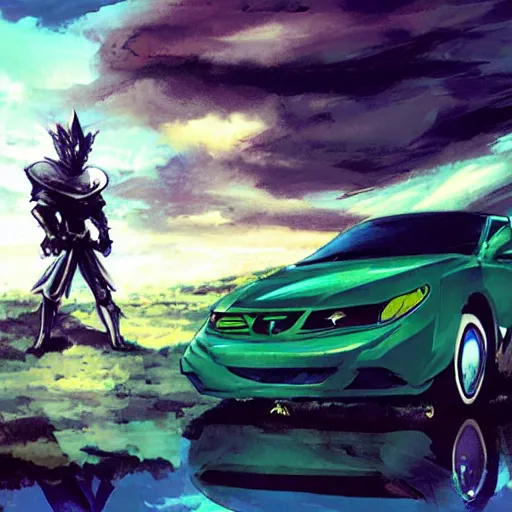 Prompt: blue knight in a green hatchback car, close up, anime, desert landscape, greg manchess, akehiko inoue and ross tran, Pyromallis Nekro Rene Margitte