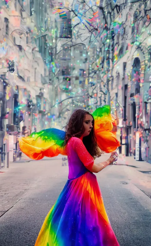 Prompt: a full shot photo of rainbow dress woman, danish angle, streets, colorful, goddess, caucasian, feminine, nighttime, daytime, glow up, realistic, 8 k, hdr, extremely detailed