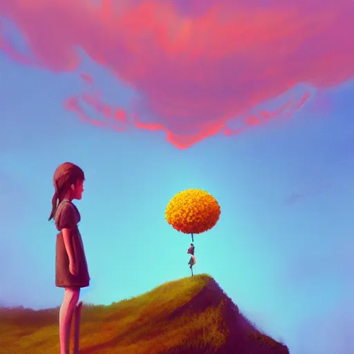 Image similar to closeup, giant flower head, girl standing on cliff, surreal photography, sunrise, blue sky, dramatic light, impressionist painting, digital painting, artstation, simon stalenhag