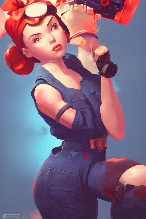 Image similar to a portrait of a cute rosie the riveter, industrial setting, overwatch art team, action pose, vivid colors, soft lighting, atmospheric, cinematic, moody, splash art in the style of ilya kuvshinov and range murata, oil on canvas, 8 k