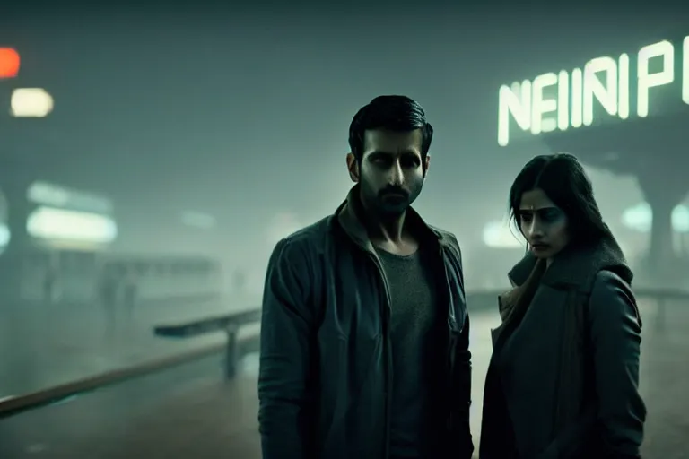 Image similar to film still of closeup beautiful model indian couple in blade runner 2 0 4 9, train station, cinematic, moody, gritty neon noir by emmanuel lubezki