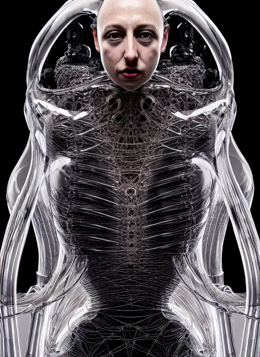 Image similar to iris van herpen gothic inflateble dark dress, perfect symmetrical body, helmet on face, full body shot, inflateble shapes, wires, tubes, veins, jellyfish, white biomechanical details, wearing epic bionic cyborg implants, masterpiece, intricate, biopunk, vogue, highly detailed, artstation, concept art, cyberpunk, octane render