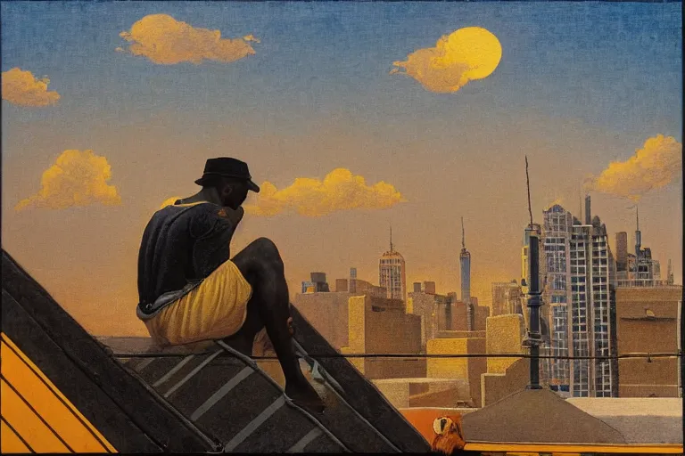 Image similar to painting of a black men in a rooftop, watching new york, beautiful, sunset, romantic, by ludwig deutsch and maxfield parrish, patterned tilework, extremely detailed, cinematic lighting, smooth sharp focus