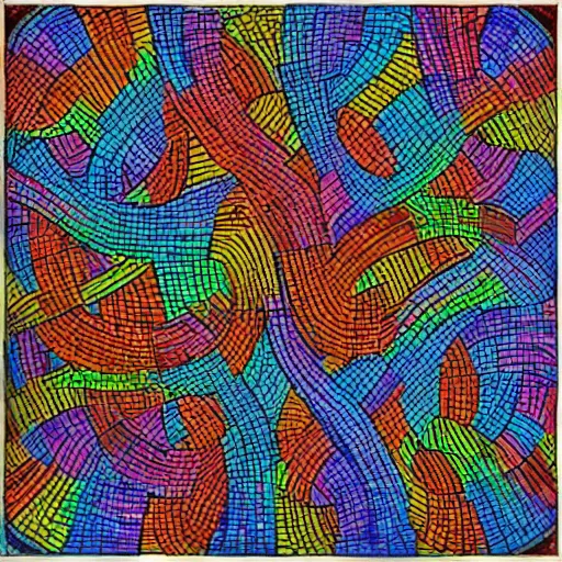 Image similar to An interlocking series of rectangular nodes driven by vortices singling out a chaotic colorful mosaic premised upon the suffering of all man