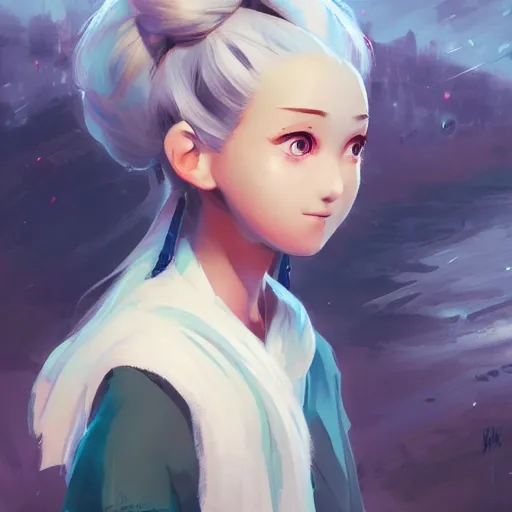 Image similar to girl sorcerer with white hair in a hairbun, she is wearing a scarf. she is learning how to use her magic powers. cgsociety masterpiece, artstation trending, by rossdraws, ghibli, kimi no na wa, greg rutkowski, simon stalberg, greg manchess