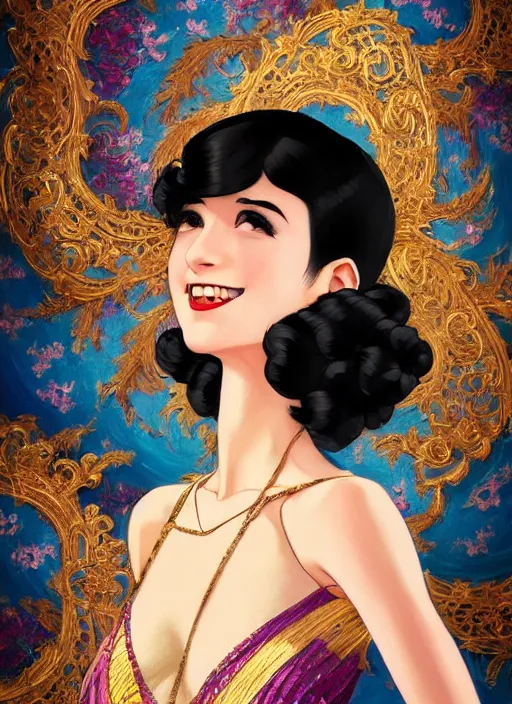 Prompt: a smiling beautiful dancer with black hair in 1920's fashion, living room background, intricate, highly detailed, digital painting, artstation, official media, anime key visual, concept art, rich vivid colors, ambient lighting, sharp focus, illustration, art by Artgerm, Makoto Shinkai, Ilya Kuvshinov, Lois Van Baarle, and Rossdraws