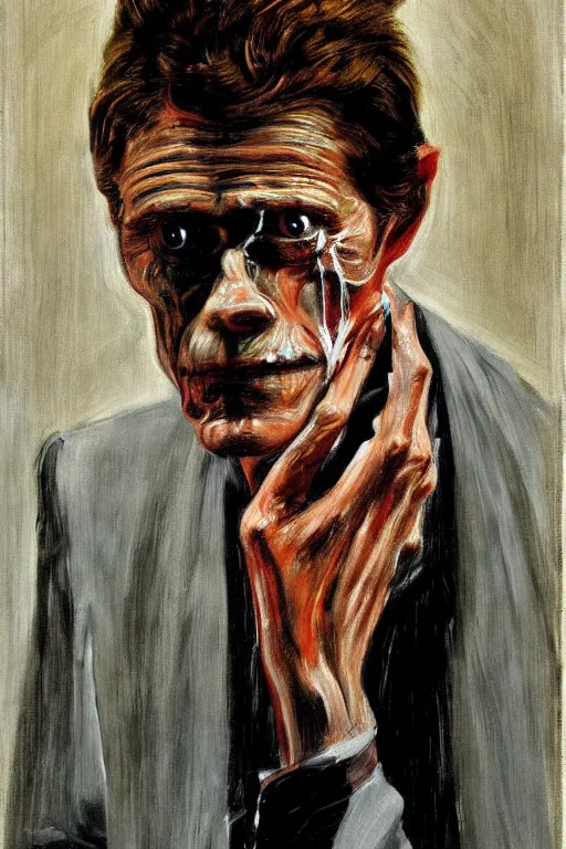 Prompt: willem dafoe, portrait, painting by francis bacon