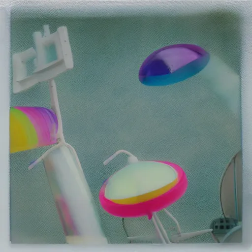 Prompt: a pastel colour high fidelity closeup Polaroid art photo from a holiday album at a seaside with abstract inflatable parachute furniture, all objects made of transparent iridescent Perspex and metallic silver, iridescence, nostalgic