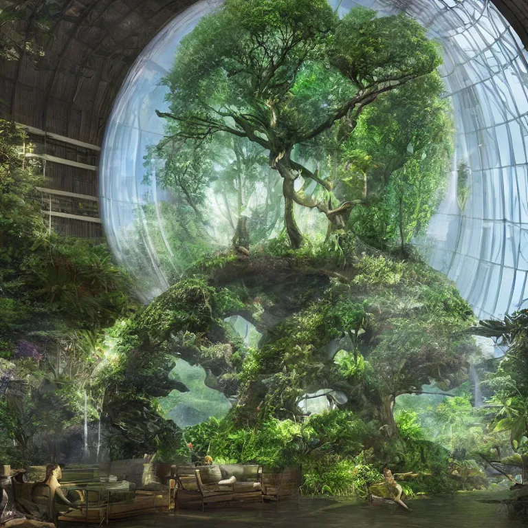 Prompt: yggdrasil contained within a biodome, interior, lush vista, avatar home tree