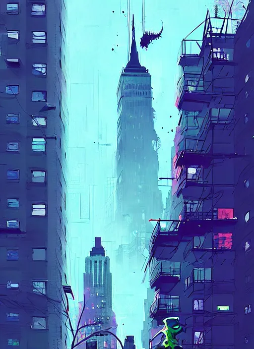 Image similar to kaiju in new york, blue building in the background, art by ismail inceoglu