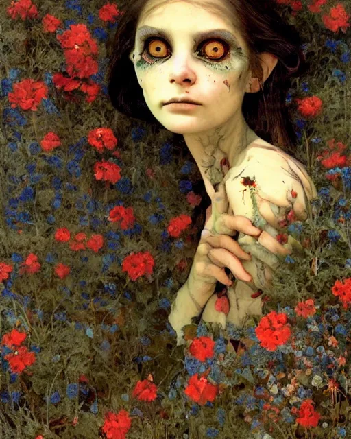 Prompt: a pretty but sinister and creepy goblin in layers of fear, with haunted eyes, violence in her eyes, 1 9 7 0 s, seventies, delicate embellishments, a little blood, woodland on fire, blue dawn light shining on wildflowers, painterly, offset printing technique, by walter popp, alexandre cabanel