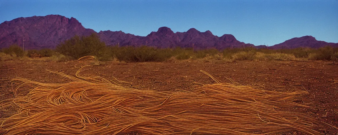 Prompt: spaghetti advertisement, highway 5 0, arizona, sunset, canon 2 0 mm, shallow depth of field, kodachrome, in the style of david hockney