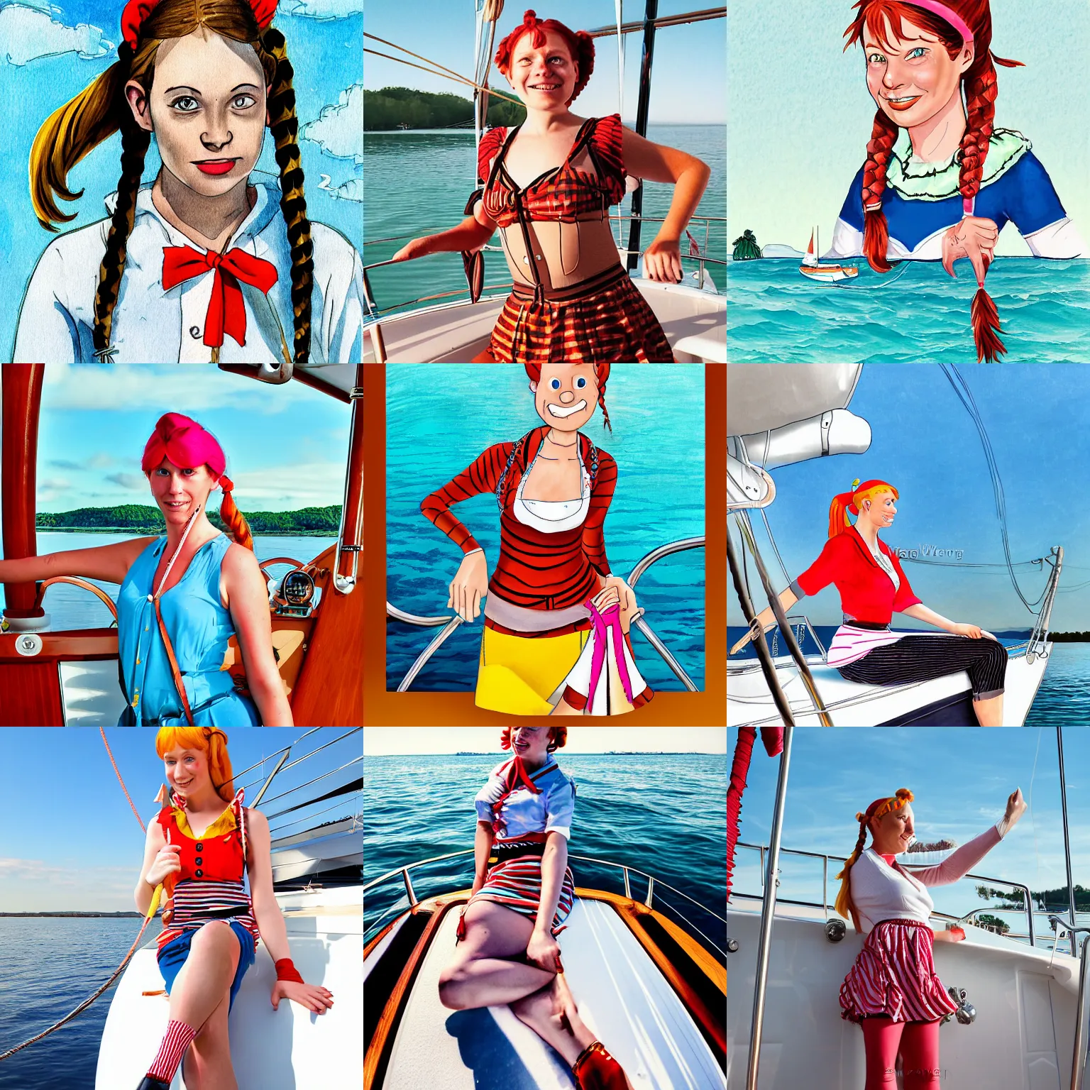 Prompt: Pippi Longstocking as a 25 year old woman on a modern yacht by maxvanzwerg