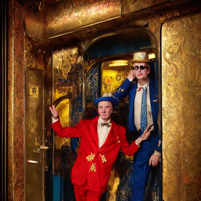 Image similar to professional octane render portrait by wayne barlow and carlo crivelli and glenn fabry, a flamboyant man in a bright colorful saturated wes anderson elevator operator costume inside a dark and moody vintage elevator in a high - end exotic vintage boutique hotel, very short depth of field, bokeh