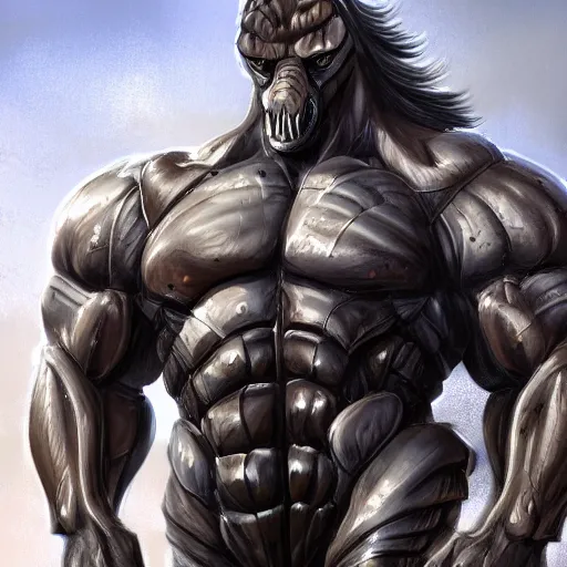 Image similar to a musclebound anthropomorphized horse with a magnificently muscular physique wearing a tight kevlar battle outfit standing guard at a facility, equine, anthro art, furaffinity, highly detailed, digital painting, artstation, sharp focus, game art, concept art, illustration, art by artgerm, greg rutkowski, wlop