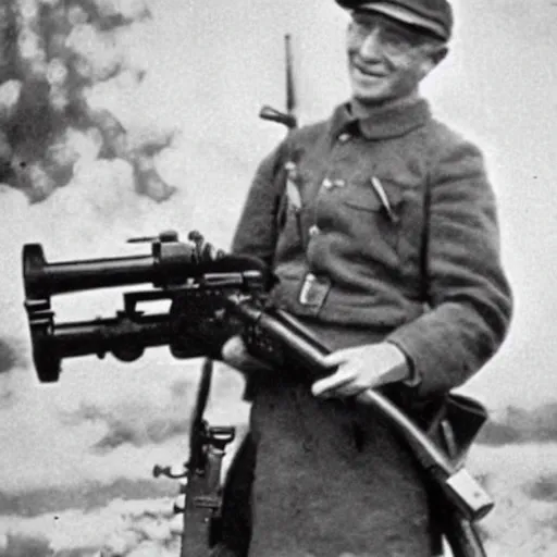 Prompt: old wartime photograph of bill gates holding a lewis gun, 1 9 1 7