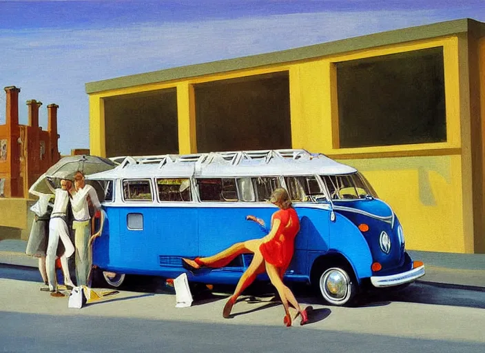 Prompt: detailed painting two young men and women in front of blue vw bus by edward hopper, bernardo bertolucci dreamers movie scene