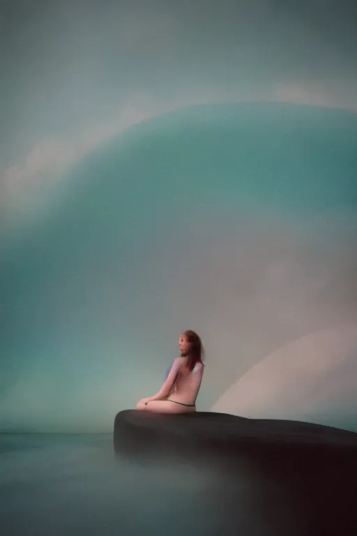 Image similar to high quality pastel coloured film close up wide angle photograph of a model wearing clothing swimming on cloud furniture in a icelandic black rock!! environment in a partially haze filled dreamstate world. three point light, rainbow. photographic production. art directed. pastel colours. volumetric clouds. pastel gradient overlay. waves glitch artefacts. extreme facial clarity. 8 k. filmic.