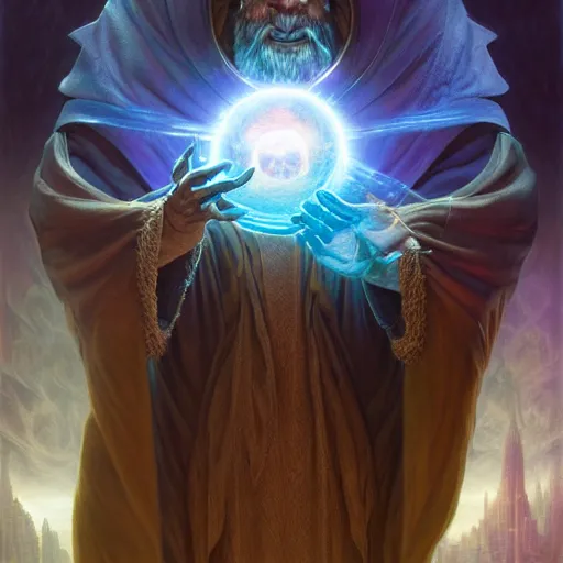 Image similar to the creator of worlds wearing a cloak and holding a holographic planet projection in his hand, detailed, sci - fi, digital painting, artstation, sharp focus, illustration, ominous, artgerm, tomasz alen kopera, peter mohrbacher, donato giancola, joseph christian leyendecker, wlop, frank frazetta