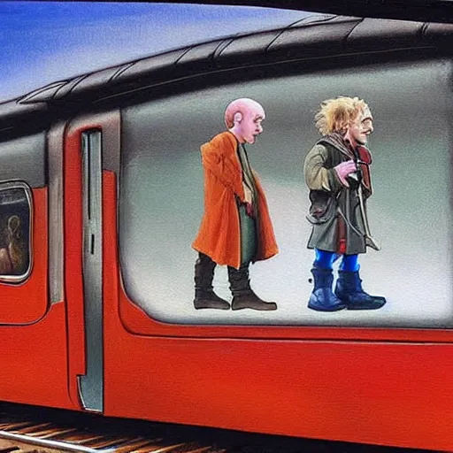 Prompt: a futuristic painting of two hobbits from tolkien lord of the rings standing on the platform of a train station, a big red train is waiting at the platform in the style of dali