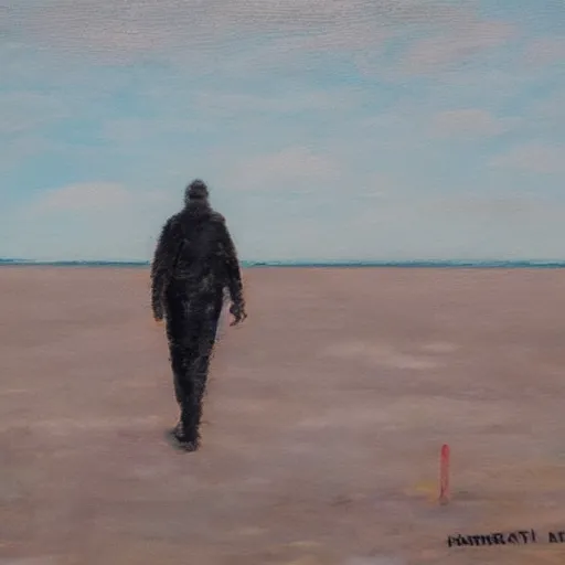 Image similar to a man in a hazmat walking on an abandoned beach, oil painting