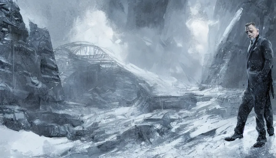 Image similar to concept art of the next james bond film featuring daniel craig in the style of cedric peyravernay, snowy landscapes, extremely detailed